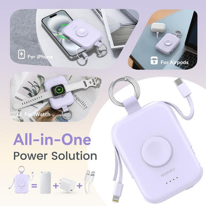 RORRY Mini Portable Power Bank, USB Type-C Interface, Built-in Data Cable and Keychain